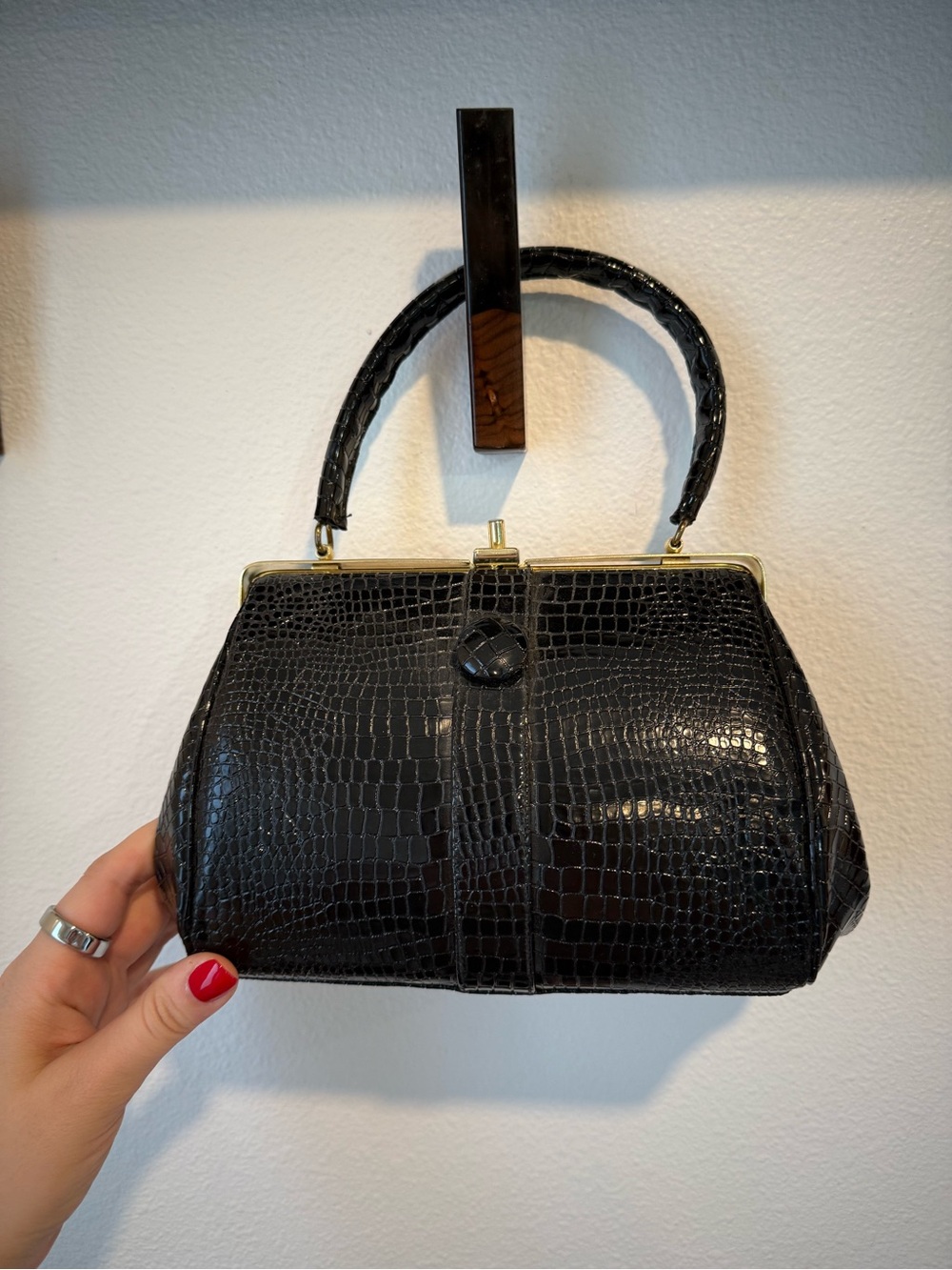 Vintage Black Croc-Embossed Top-Handle Clutch